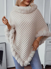 Fuzzy Trim Texture Three-Quarter Sleeve Poncho Woman Outerwear