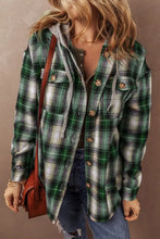 Drawstring Pocketed Plaid Hooded Jacket Dark Green Woman Outerwear