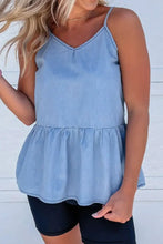 Ruffled Spaghetti Straps Denim Tank Top Light Blue Woman Denim Tops