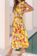 Cheetah Plant Print Shirred Button V Neck Maxi Dress Woman Maxi Dress