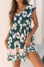 Floral Print Ruffle Sleeve Empire Waist Mini Dress Dark Green Casual Dresses