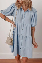 Button Up Puff Sleeve Tiered Shirt Dress Woman Casual Dress