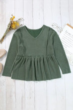 Peplum V-Neck Long Sleeve T-Shirt Dark Green Woman T Shirts