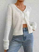 Tied Openwork V-Neck Long Sleeve Cardigan White One Size Woman Outerwear
