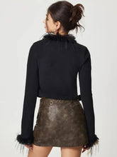 Tied Fuzzy Trim Long Sleeve Knit Cardigan Woman Outerwear