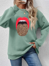 Leopard Lip Graphic Round Neck Sweatshirt Sage Woman Sweatshirts