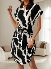 Abstract Print Belted Short Sleeve Midi Dress Woman Casual Dress