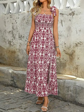 Smocked Slit Printed Tie Shoulder Dress Woman Casual Dress