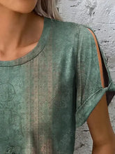 Teal-green printed round neck short sleeve T-shirt with cut-out shoulders