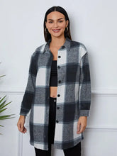 Plaid Button Up Collared Neck Outerwear Dark Blue Woman Outerwear
