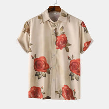 Men's Rose Print Short Sleeve Button Down Shirt Tan Mens Tops