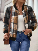 Plus Size Plaid Baseball Collar Zip Up Jacket Woman Outerwear