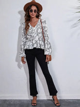Printed V-Neck Balloon Sleeve Peplum Blouse Woman Blouses