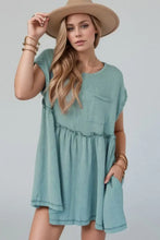 Frill Round Neck Cap Sleeve Mini Dress Teal Casual Dresses