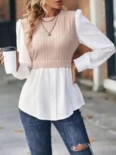 Contrast Round Neck Puff Sleeve Blouse Blush Pink Woman Blouses