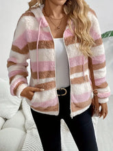 Drawstring Striped Zip Up Hooded Jacket Woman Outerwear