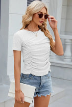Eyelet Ruched Round Neck Short Sleeve T-Shirt Woman T Shirts