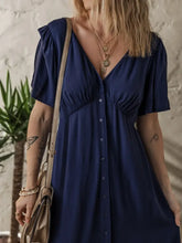V Neck Buttoned Front Shirred Back Short Sleeve Midi Dress Woman Casual Dress