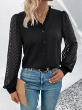 Perfee Mesh V-Neck Button Front Blouse Black Woman Blouses