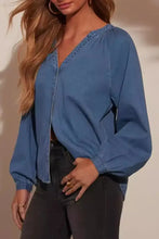 Plunge Button Up Long Sleeve Denim Top Woman Tops