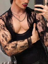 Men's Full Size Lace Long Sleeve Sheer Shirt Plus Size Mens Tops