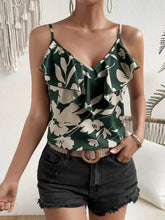 Ruffled Printed V-Neck Cami Dark Green Tanks & Camis