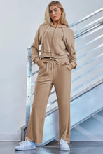 Drawstring Zip Up Hoodie and Pants Active Set Khaki Woman Activewear