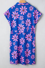 Floral Print Zip Collar Drawstring Summer Mini Dress Woman Dress