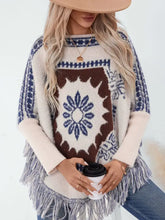 Fringe Geometric Long Sleeve Poncho Cream One Size Woman Outerwear