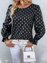 Perfee Printed Round Neck Flounce Sleeve Blouse Woman Blouses