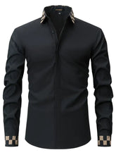 Men's Full Size Plaid Trim Collar Long Sleeve Shirt Plus Size Black Mens Tops