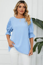 Pleated Flounce Sleeve Keyhole Blouse Light Blue Woman Blouses