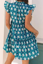 Printed Tie Neck Ruffled Cap Sleeve Dress Woman Casual Dress