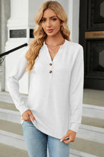 Waffle-Knit Notched Long Sleeve T-Shirt White Woman T Shirts