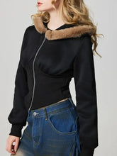 Zip Up Long Sleeve Fuzzy Hem Hooded Jacket Woman Outerwear