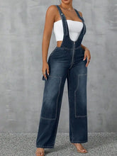 Zip Front Wide Strap Denim Overalls Denim Overalls
