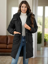 Long Sleeve Longline Hooded Winter Coat with Pockets Black Woman Outerwear