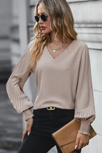 Perfee Pleated Lantern Sleeve V-Neck Blouse Woman Blouses