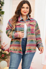 Plus Size Pocketed Printed Collared Neck Jacket Woman Outerwear