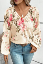 Floral V-Neck Balloon Sleeve Blouse Beige Woman Blouses