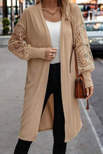 Open Front Lace Lantern Sleeve Cover-Up Tan Woman Outerwear