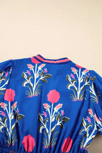 Floral Puff Short Sleeve Notched High Waist Dress Casual Dresses