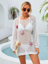 Angel Wings Sequin Star Round Neck Long Sleeve Cover Up White Swimwear Cover-Ups
