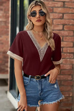 Openwork V-Neck Short Sleeve T-Shirt Burgundy Woman T Shirts