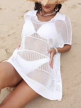 Hollow Out Collared Neck Cover-Up White One Size Swimwear Cover-Ups