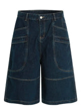 Men's Wide-Leg Denim Shorts with Contrast Stitching Blue Denim Shorts