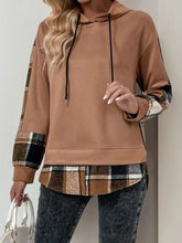 Perfee Drawstring Slit Plaid Long Sleeve Hoodie Woman Sweatshirts