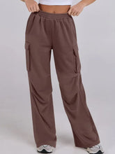 Elastic Waist Wide Leg Pants with Pockets Dark Brown Woman Pants