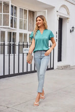 Notched Neck Flutter Sleeve Satin Top Woman T Shirts