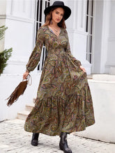 Printed Tie Neck Ruffle Hem Long Sleeve Dress Woman Maxi Dress